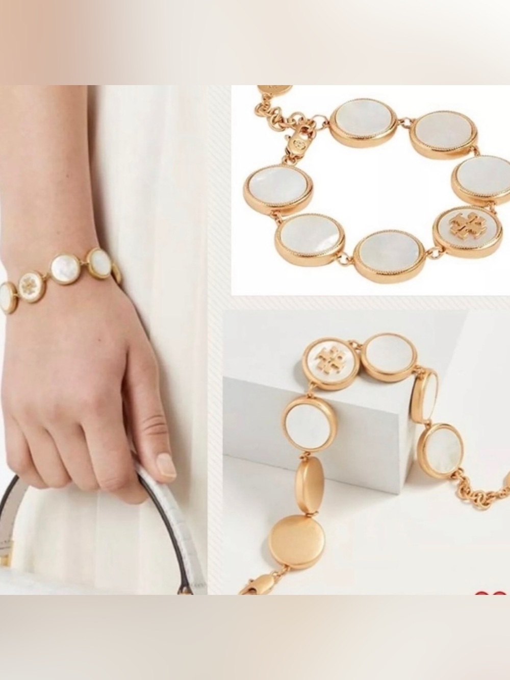 Tory Burch Authentic White Semi Precious Mother Of Pearl Coin Station Bracelet